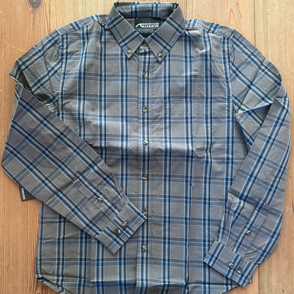 Mountain Khakis Men's Gray and Blue Plaid Button Down Shirt